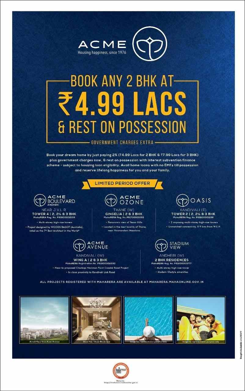 Book by paying just 2% and rest on possession at ACME properties in Mumbai